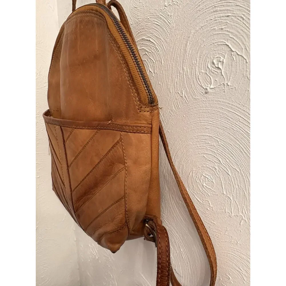 Margot New York Tan Leather Backpack Purse Chevron-Striped Front Pocket